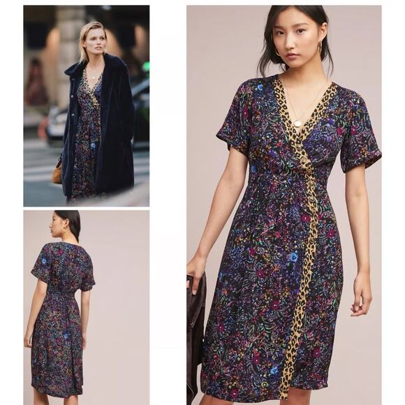 Anthropologie Maeve Morgan Black Floral Cheetah Print Dress, Midi, Size 10 - Picture 1 of 8